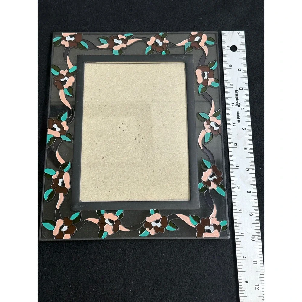 Hand painted Stained Glass Style Floral Picture Frame Pink Brown Flowers 5x7